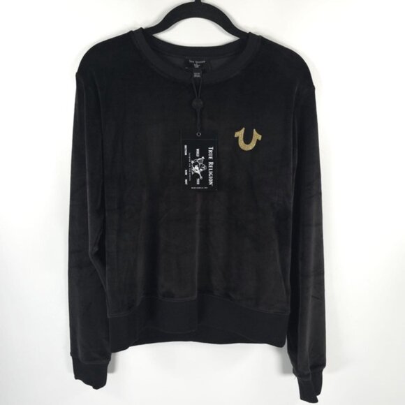 NWT TRUE RELIGION Black Glitter Velvet Pullover Sweatshirt Style 204213 Size XS - Picture 2 of 11